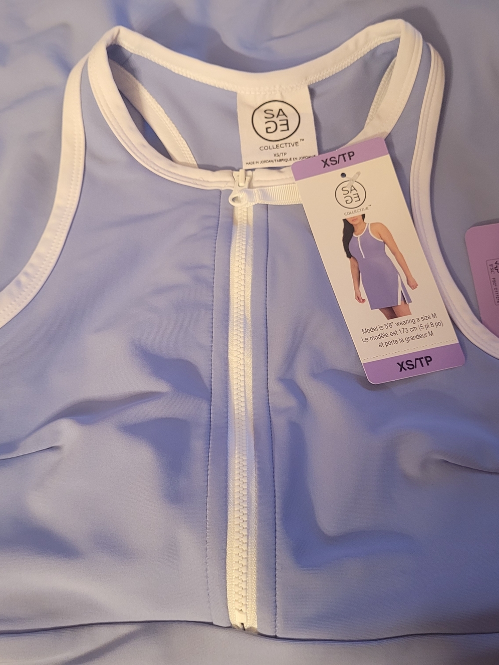 Sage Lavender Zip-Front Athletic Bodysuit with White Trim